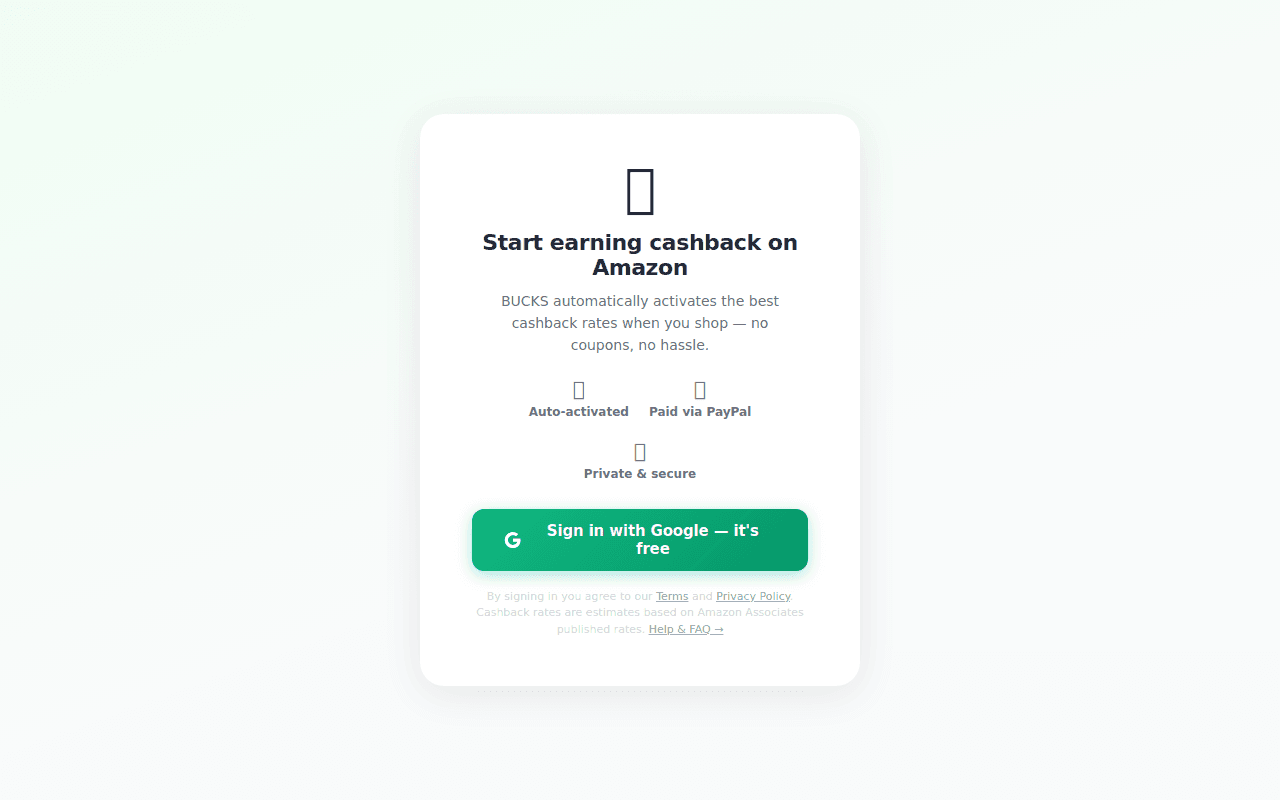 BUCKS dashboard showing cashback reward history with Estimated, Pending, and Available status badges